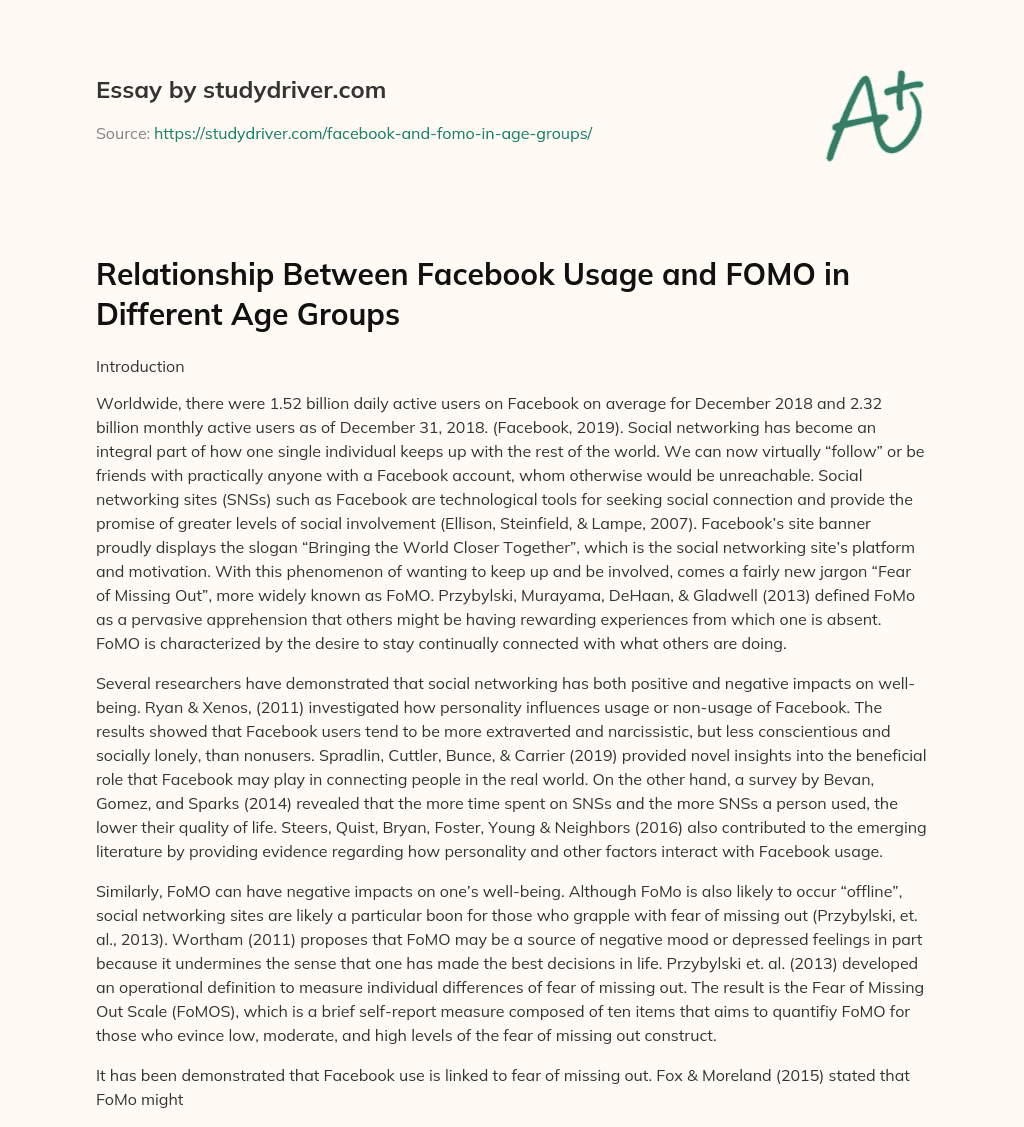 Relationship between Facebook Usage and FOMO in Different Age Groups essay