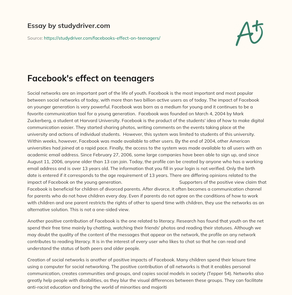 Facebook’s Effect on Teenagers essay