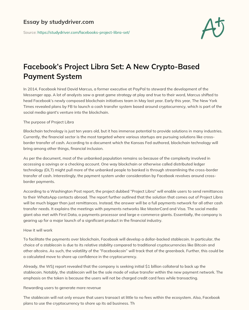 Facebook’s Project Libra Set: a New Crypto-Based Payment System essay