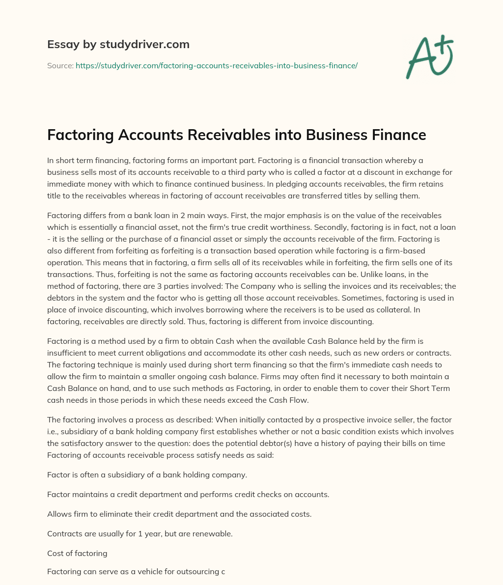 Factoring Accounts Receivables into Business Finance essay