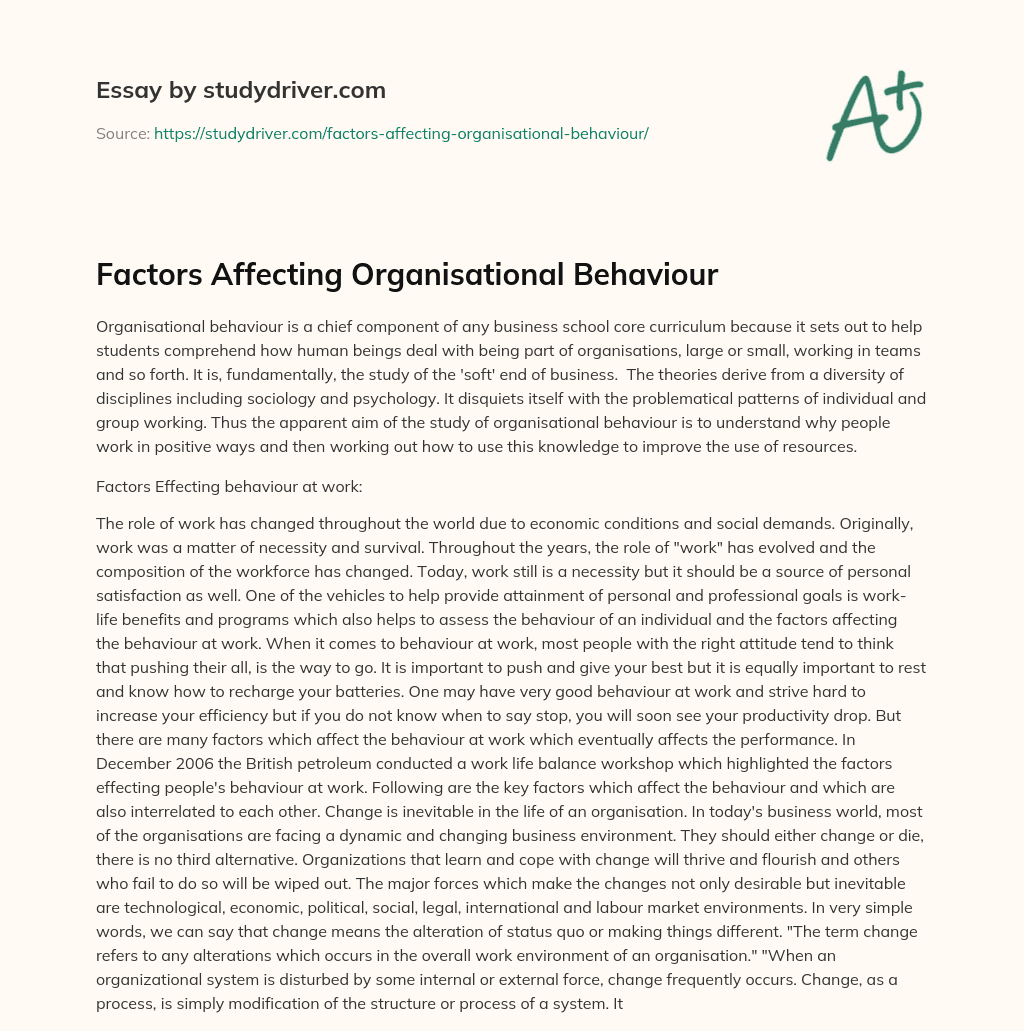 Factors Affecting Organisational Behaviour essay
