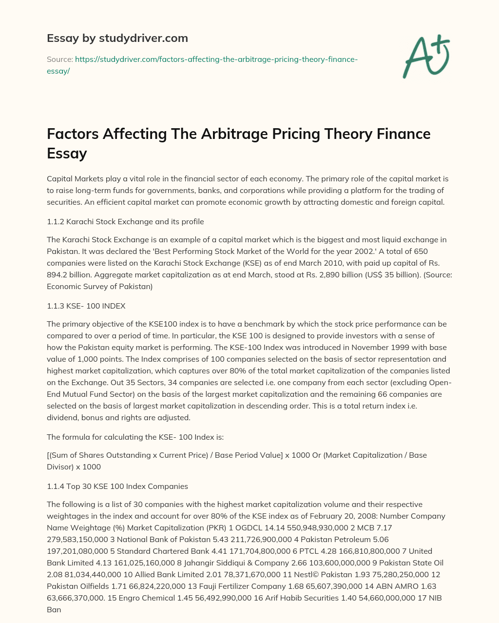 Factors Affecting the Arbitrage Pricing Theory Finance Essay essay