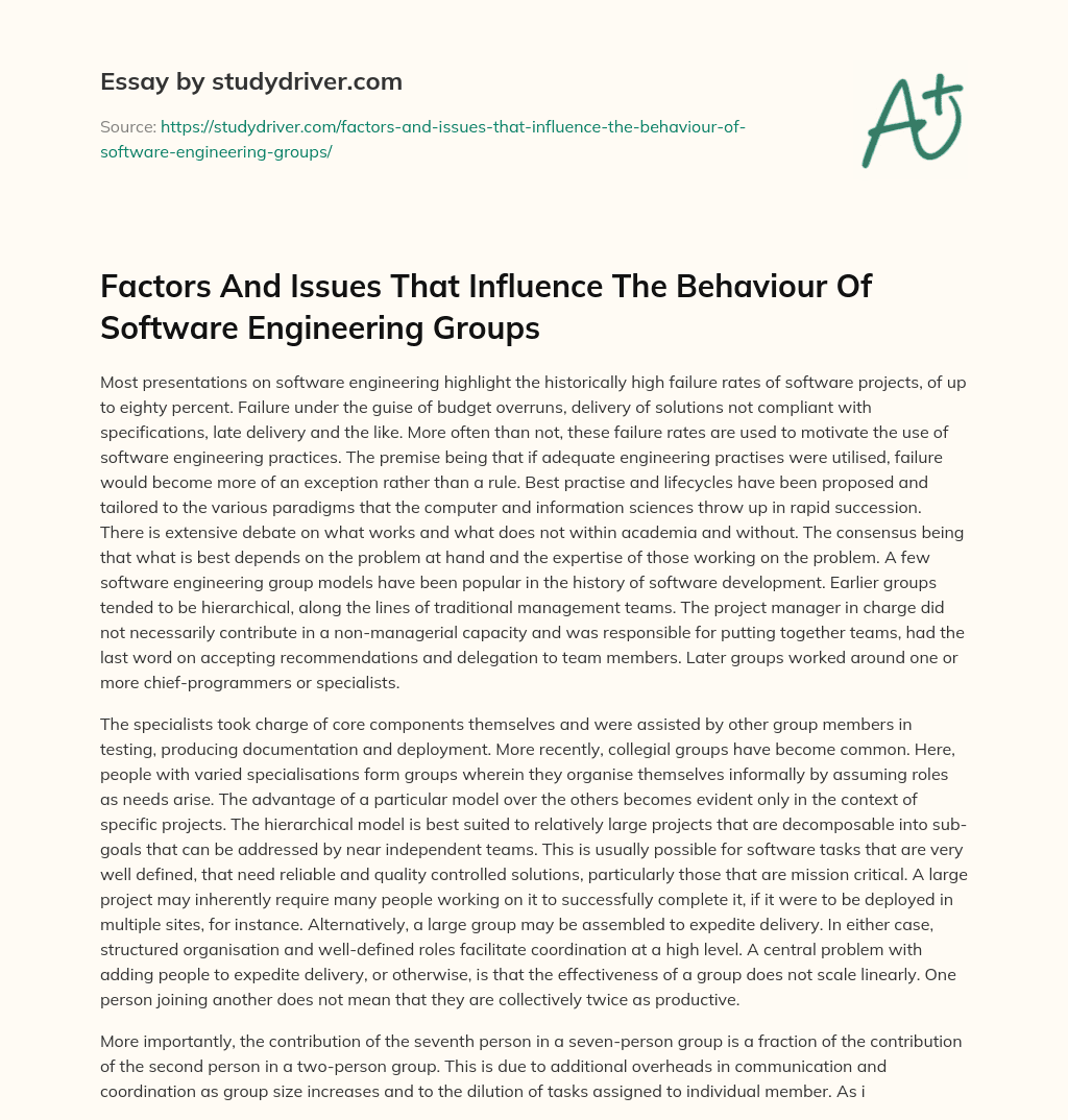 Factors and Issues that Influence the Behaviour of Software Engineering Groups essay