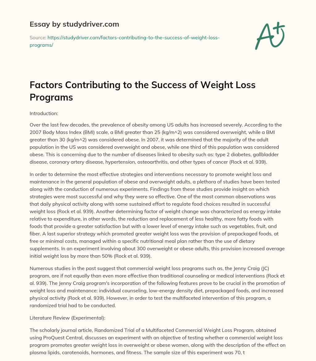 Factors Contributing to the Success of Weight Loss Programs essay