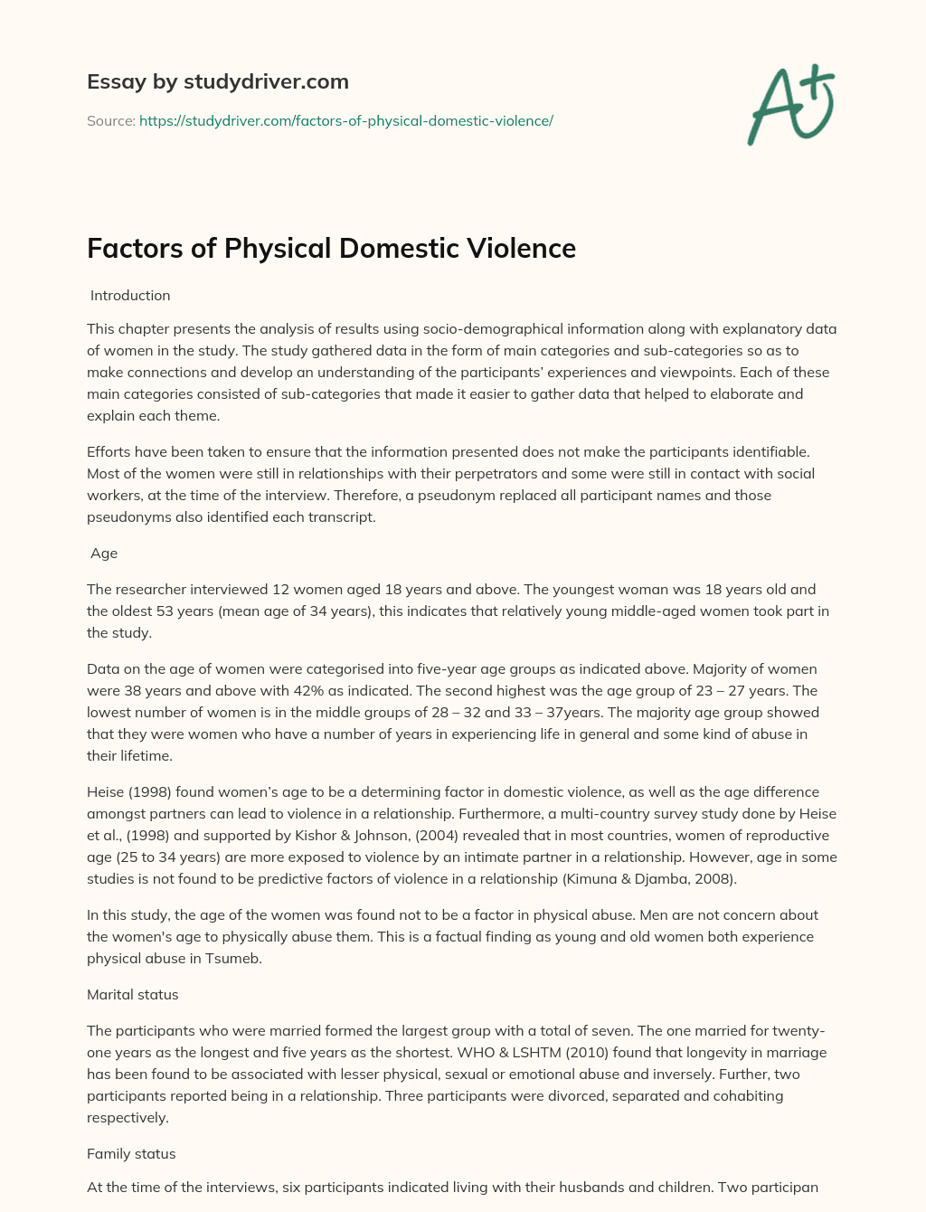 Factors of Physical Domestic Violence essay
