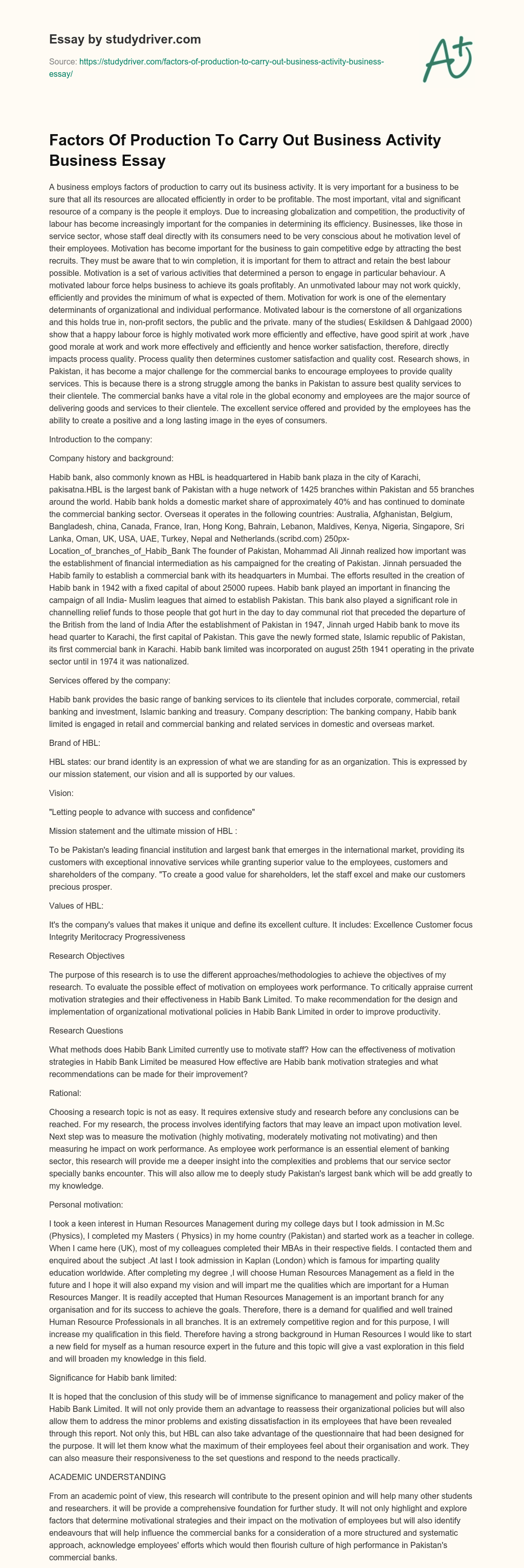 Factors of Production to Carry out Business Activity Business Essay essay