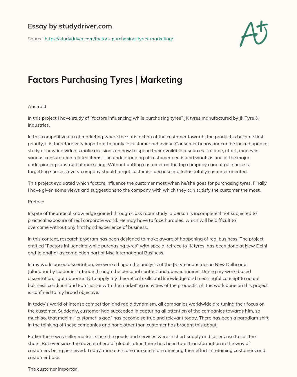 Factors Purchasing Tyres | Marketing essay