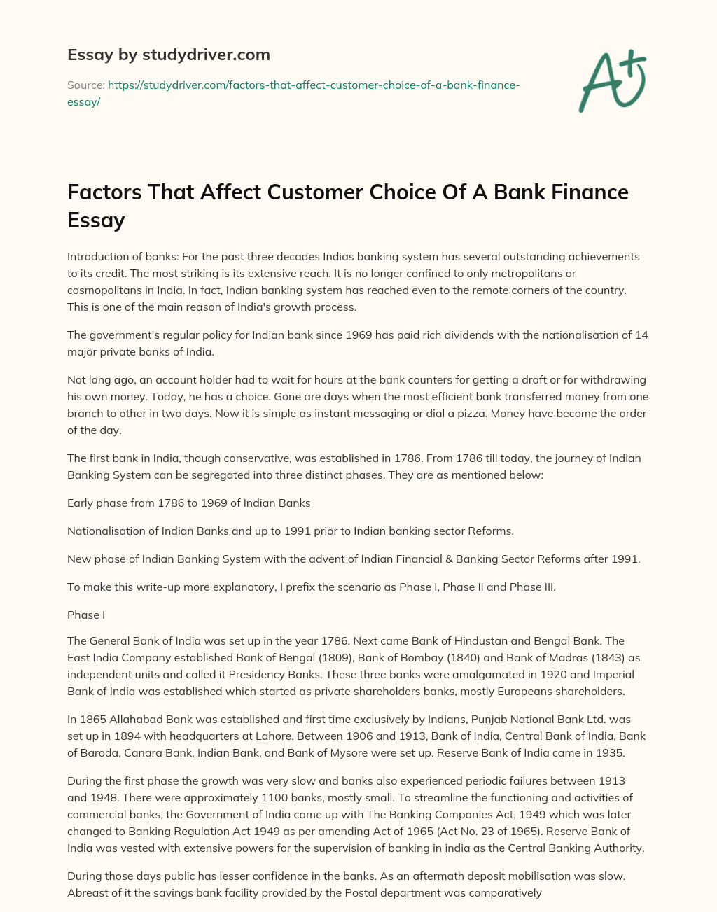 Factors that Affect Customer Choice of a Bank Finance Essay essay
