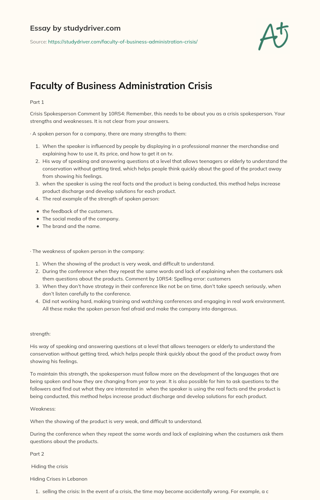 Faculty of Business Administration Crisis essay