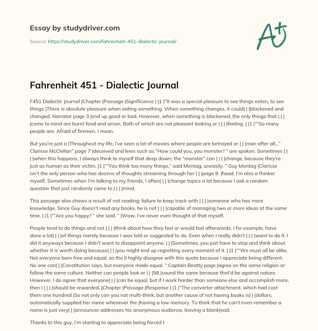 Fahrenheit 451 – Dialectic Journal essay