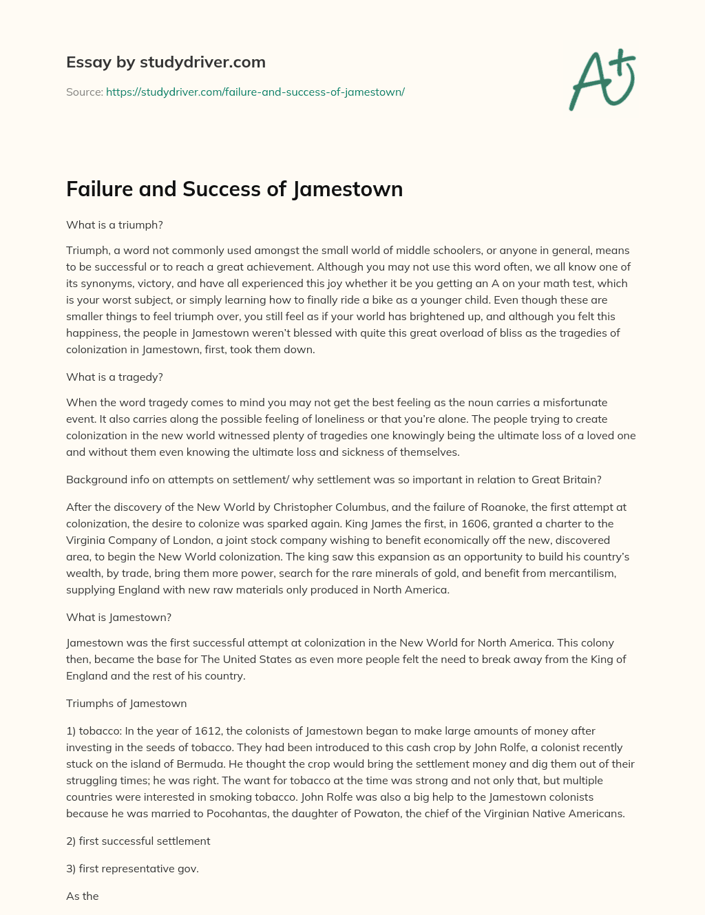 Failure and Success of Jamestown essay