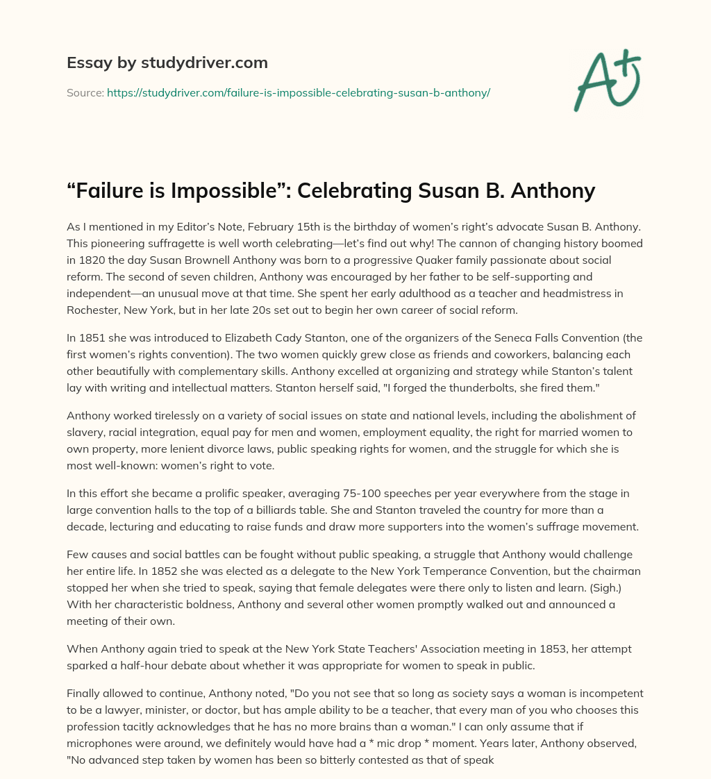 “Failure is Impossible”: Celebrating Susan B. Anthony essay