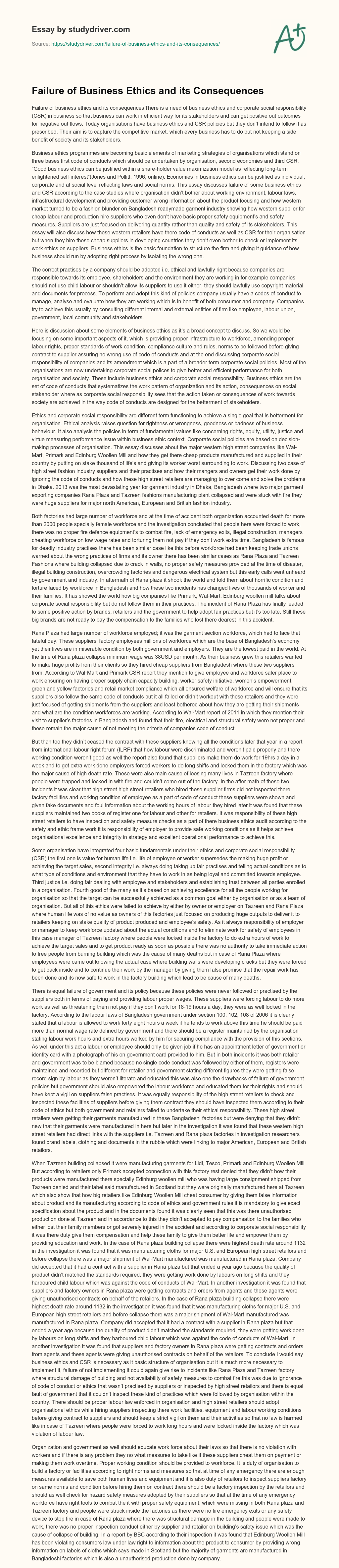 Failure of Business Ethics and its Consequences essay