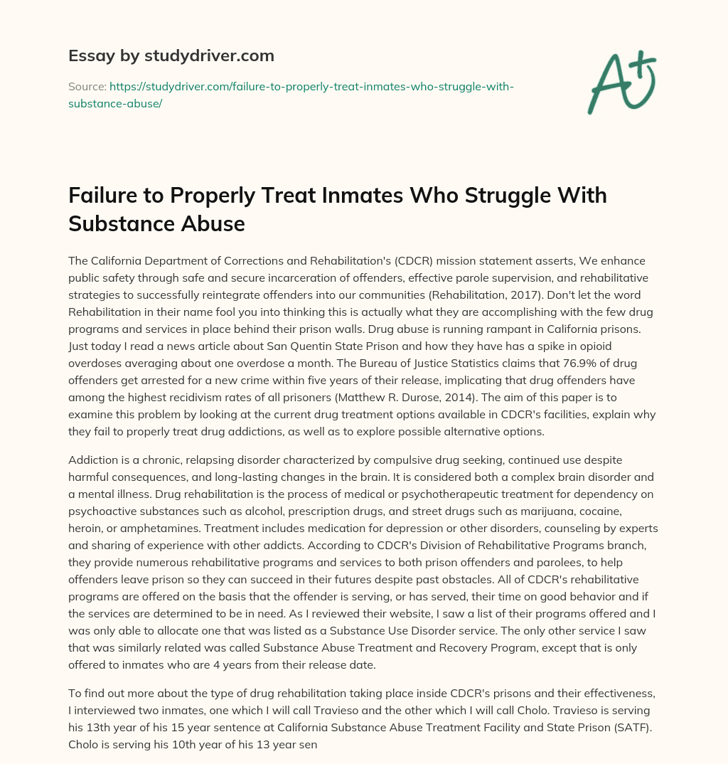 Failure to Properly Treat Inmates who Struggle with Substance Abuse essay