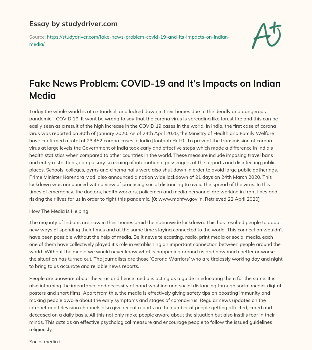 Fake News Problem: COVID-19 and It’s Impacts on Indian Media essay