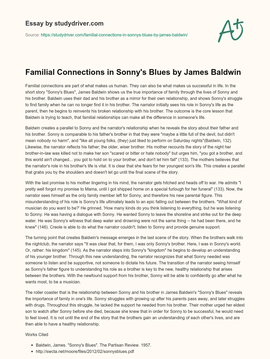 Familial Connections in Sonny’s Blues by James Baldwin essay