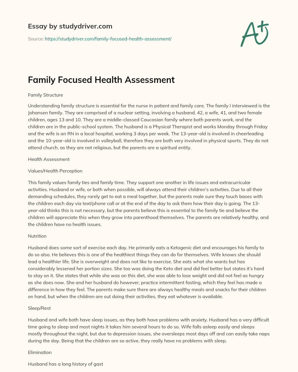 Family Focused Health Assessment essay