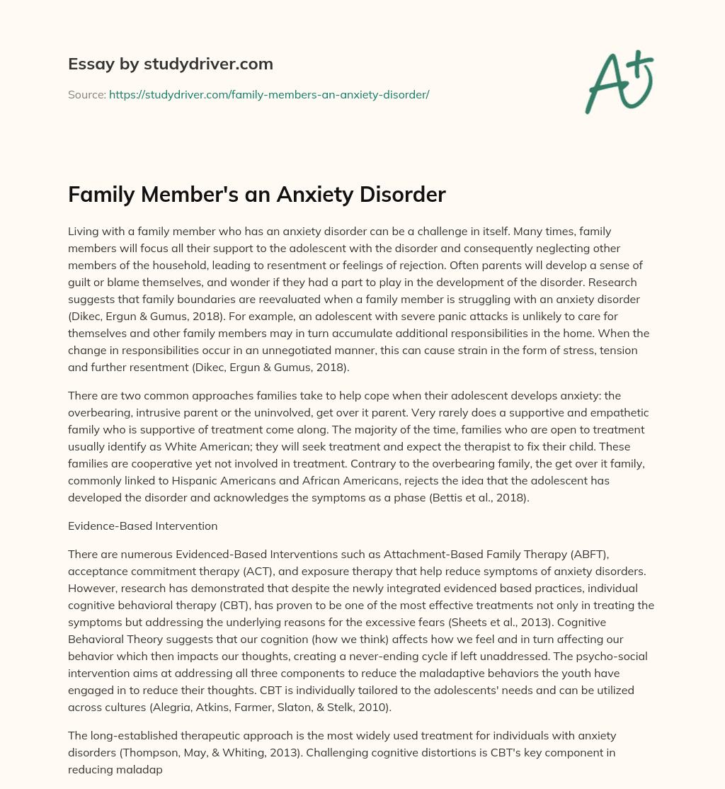 Family Member’s an Anxiety Disorder essay
