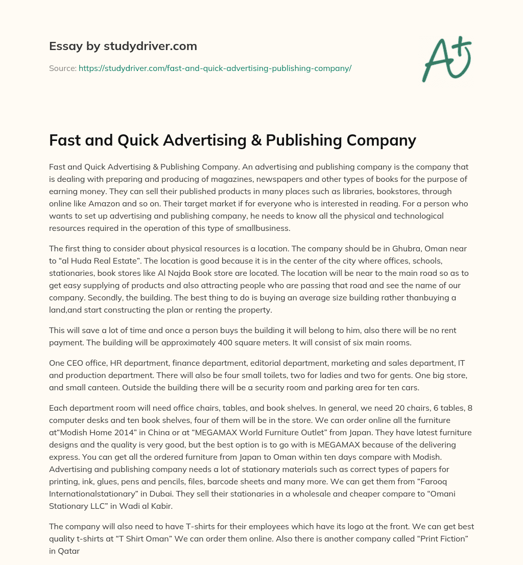 Fast and Quick Advertising & Publishing Company essay