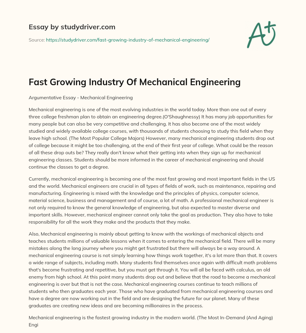 Fast Growing Industry of Mechanical Engineering essay