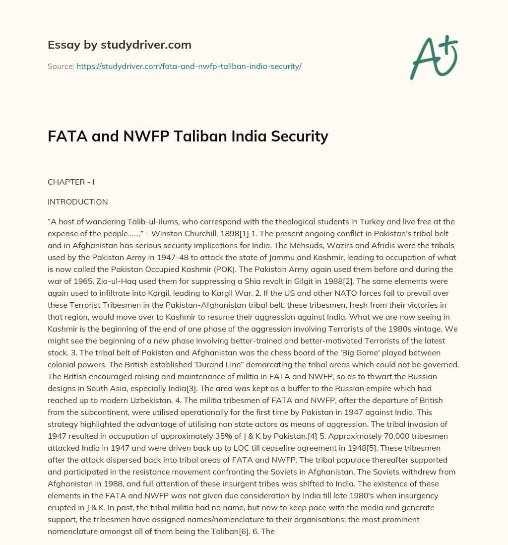 FATA and NWFP Taliban India Security essay