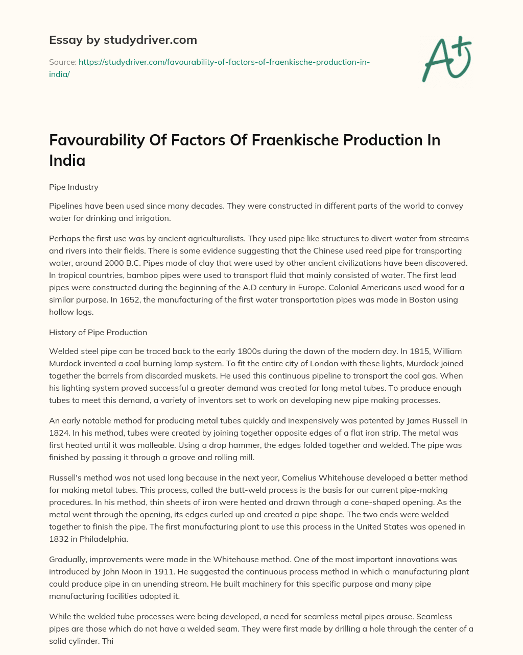 Favourability of Factors of Fraenkische Production in India essay