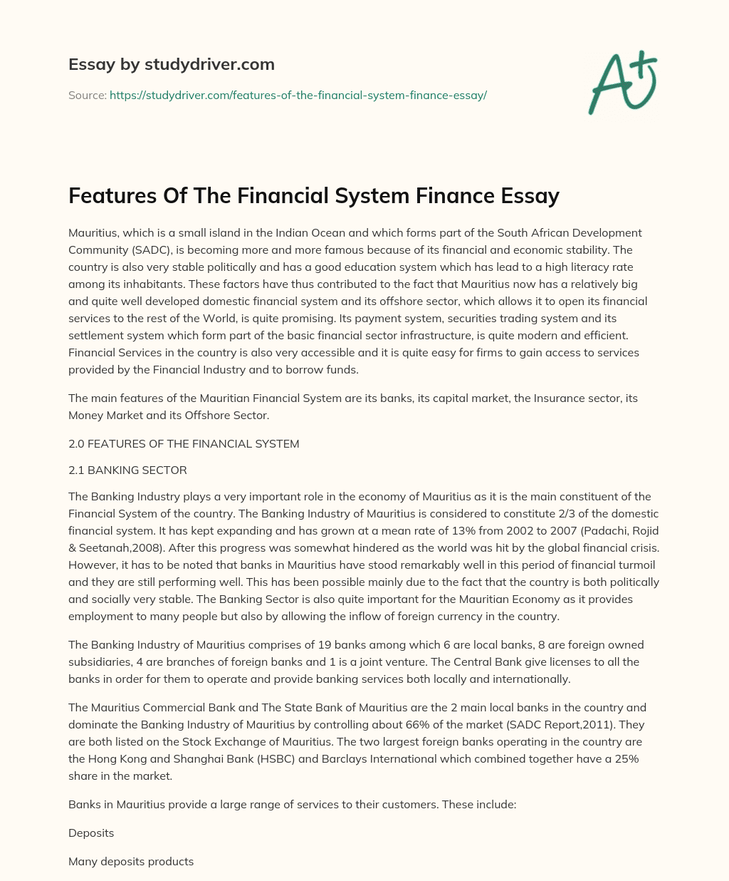 Features of the Financial System Finance Essay essay
