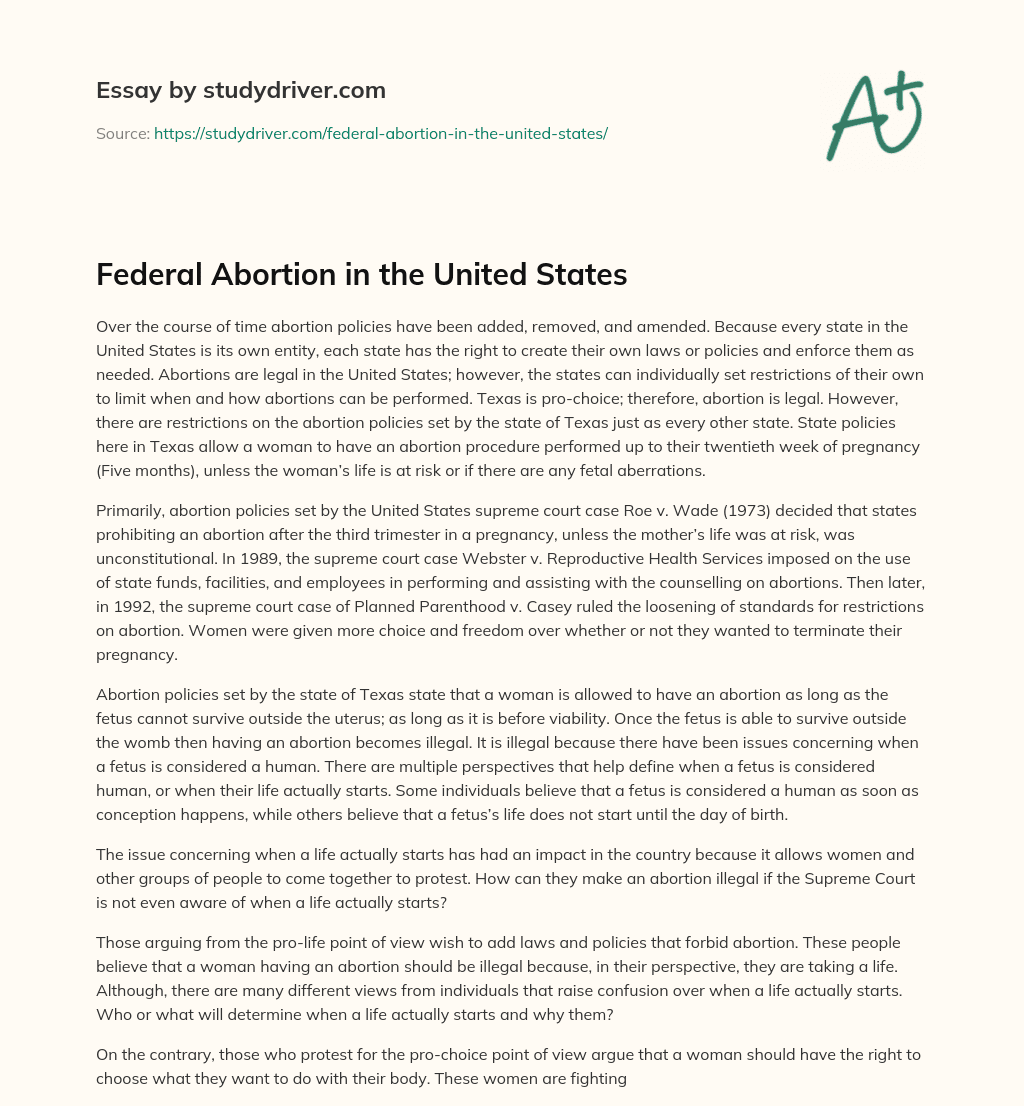 Federal Abortion in the United States essay