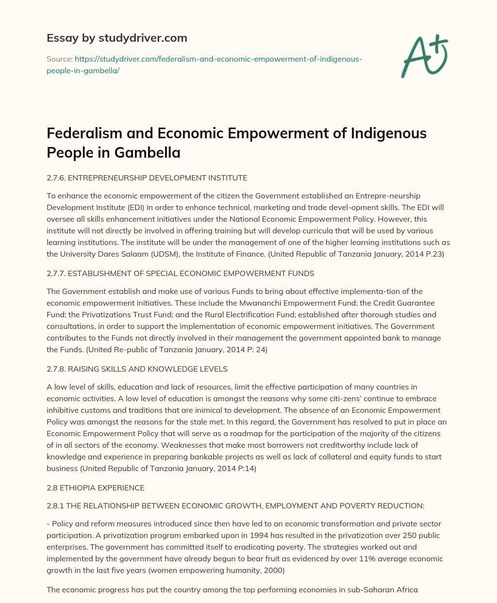 Federalism and Economic Empowerment of Indigenous People in Gambella essay