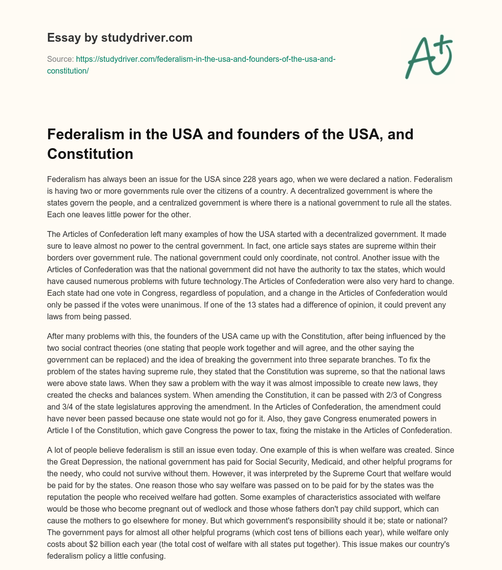 Federalism in the USA and Founders of the USA, and Constitution essay