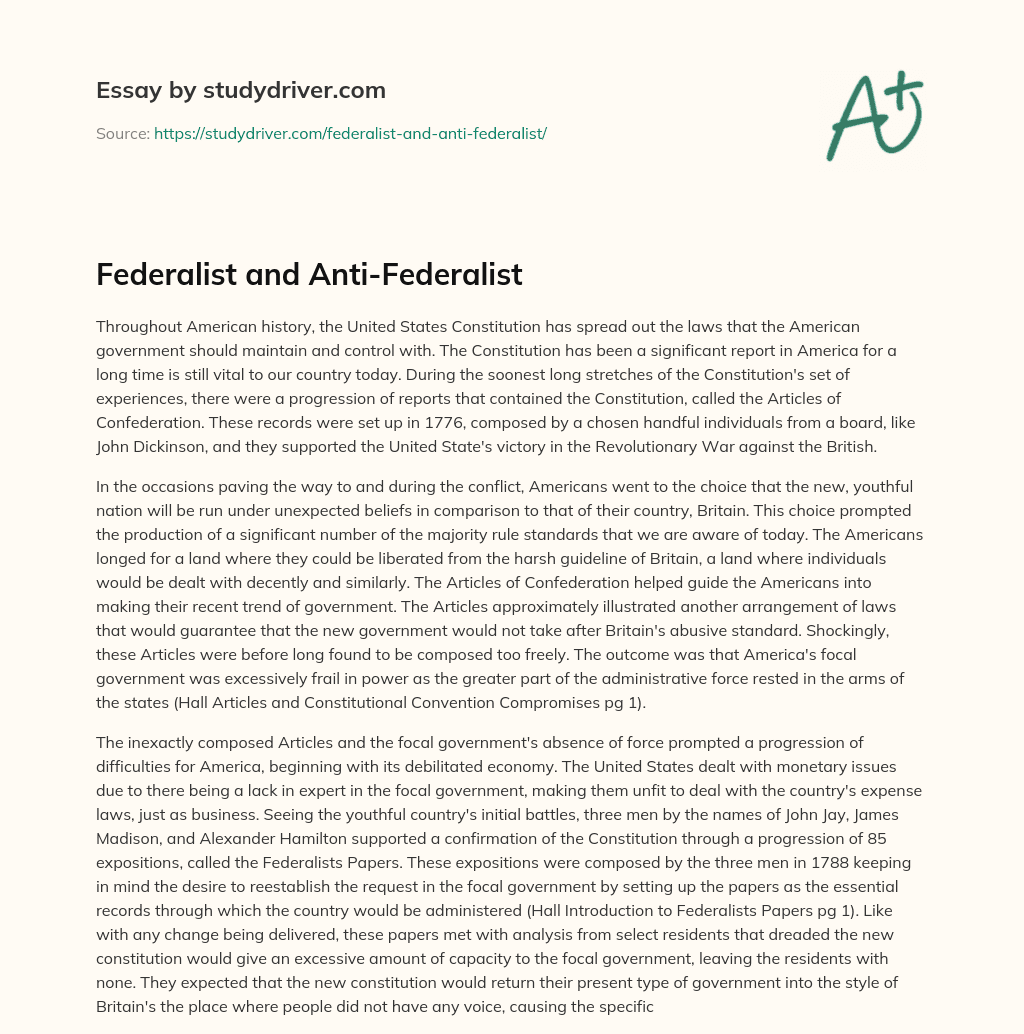 Federalist and Anti-Federalist essay