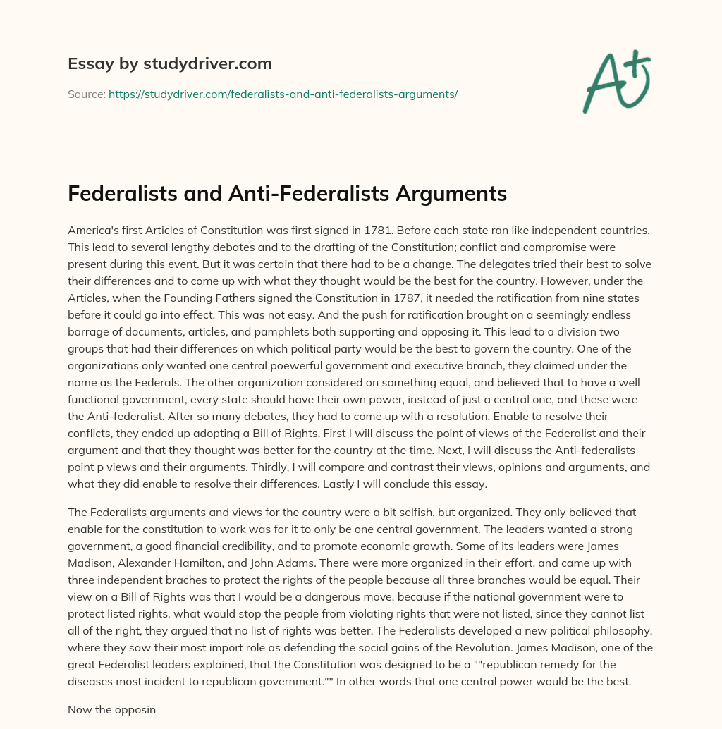 Federalists and Anti-Federalists Arguments essay
