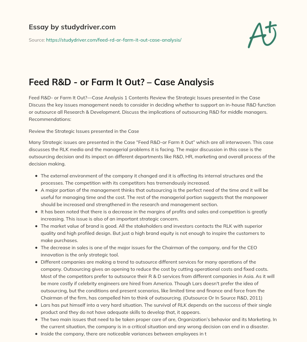 Feed R&D – or Farm it Out? – Case Analysis essay