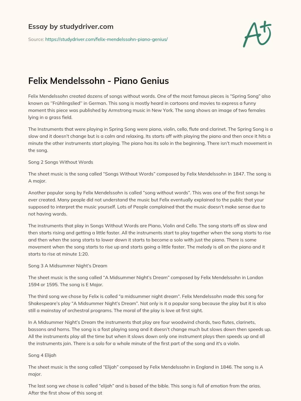 Felix Mendelssohn – Piano Genius essay