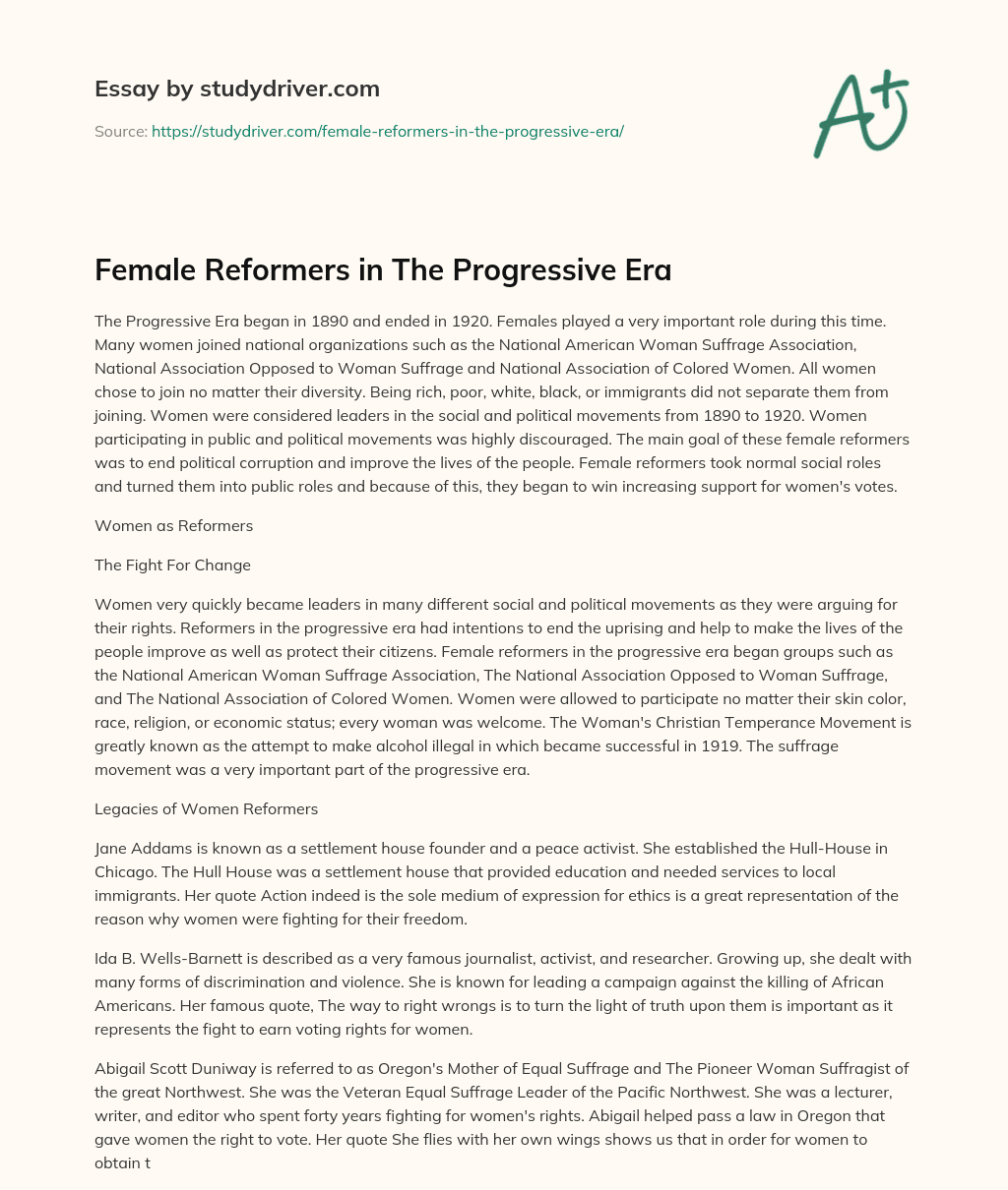 Female Reformers in the Progressive Era essay