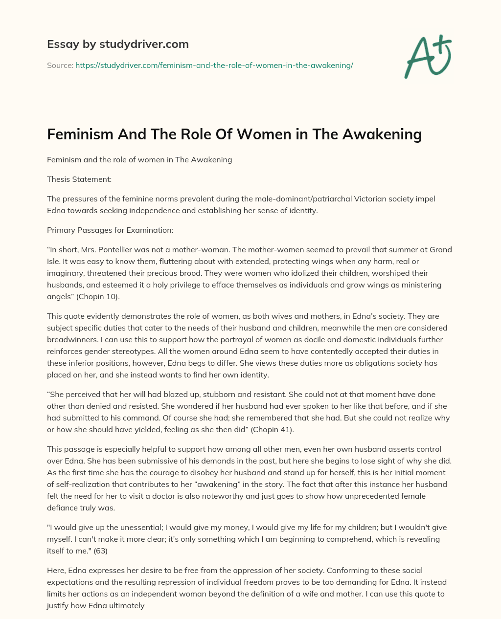 Feminism and the Role of Women in the Awakening essay
