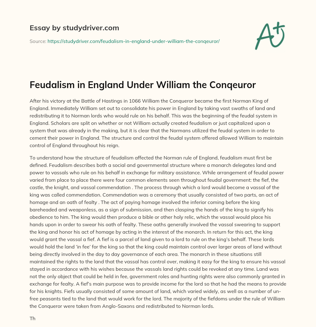 Feudalism in England under William the Conqeuror essay