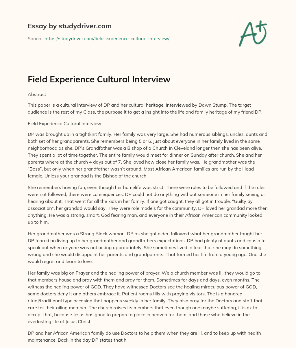 Field Experience Cultural Interview essay