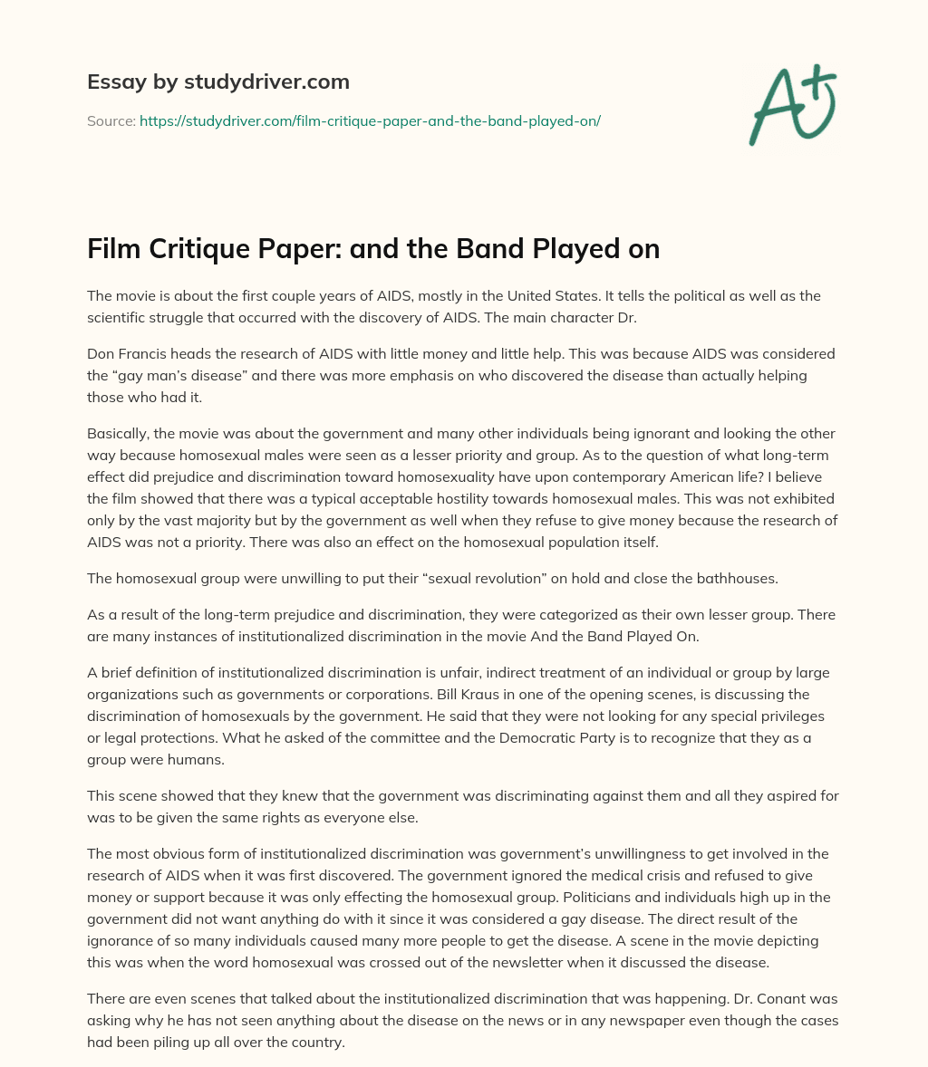 Film Critique Paper: and the Band Played on essay