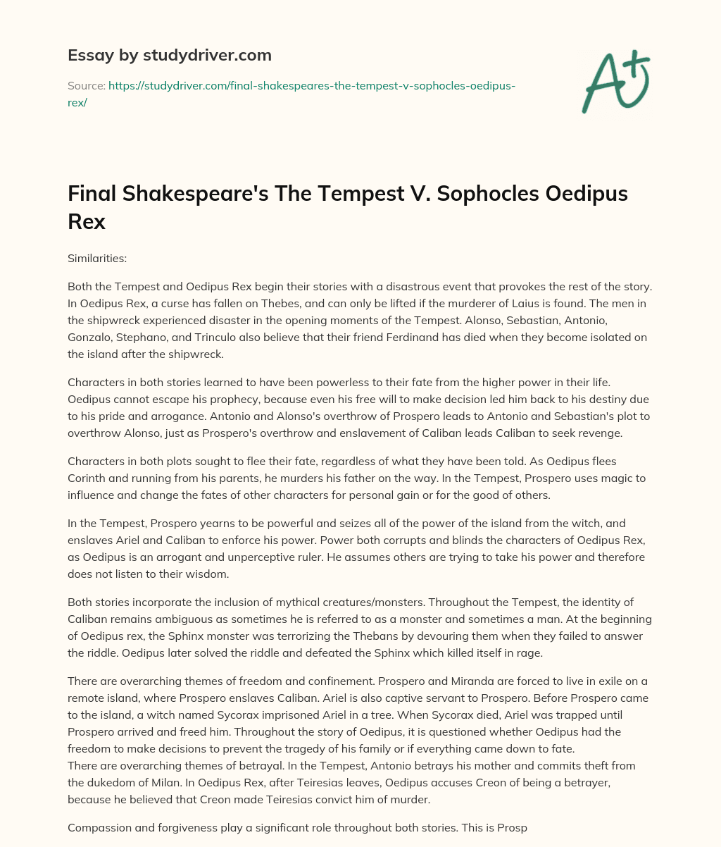 Final Shakespeare’s the Tempest V. Sophocles Oedipus Rex essay