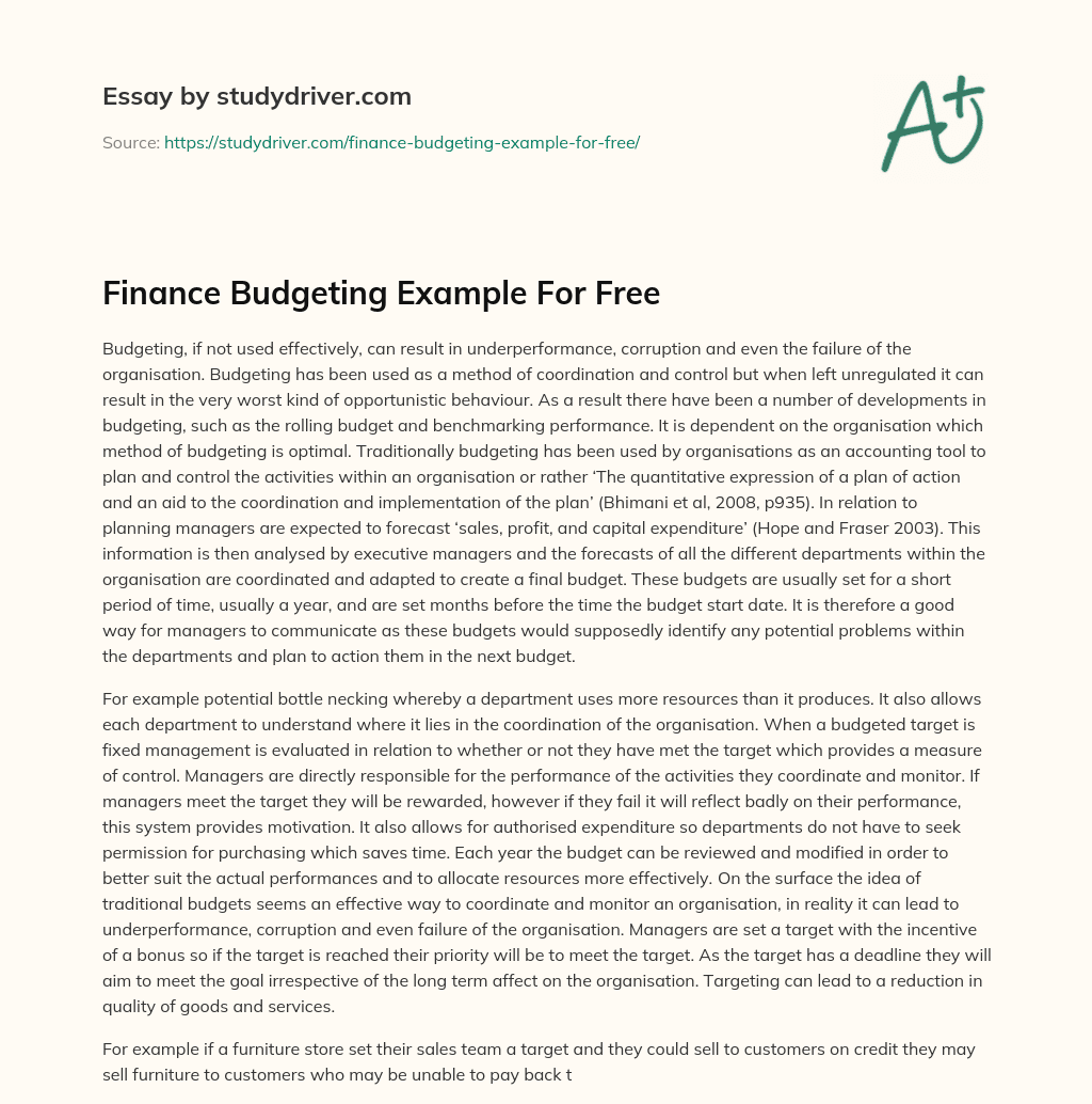 Finance Budgeting Example for Free essay