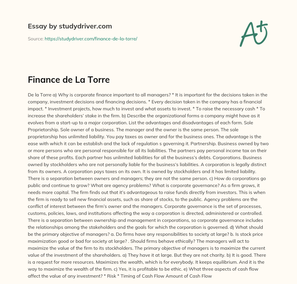 Finance De La Torre essay