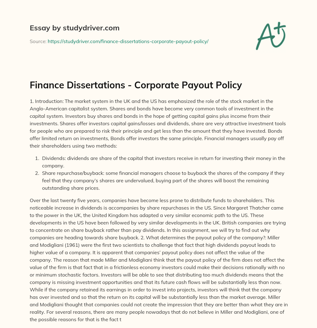 Finance Dissertations – Corporate Payout Policy essay
