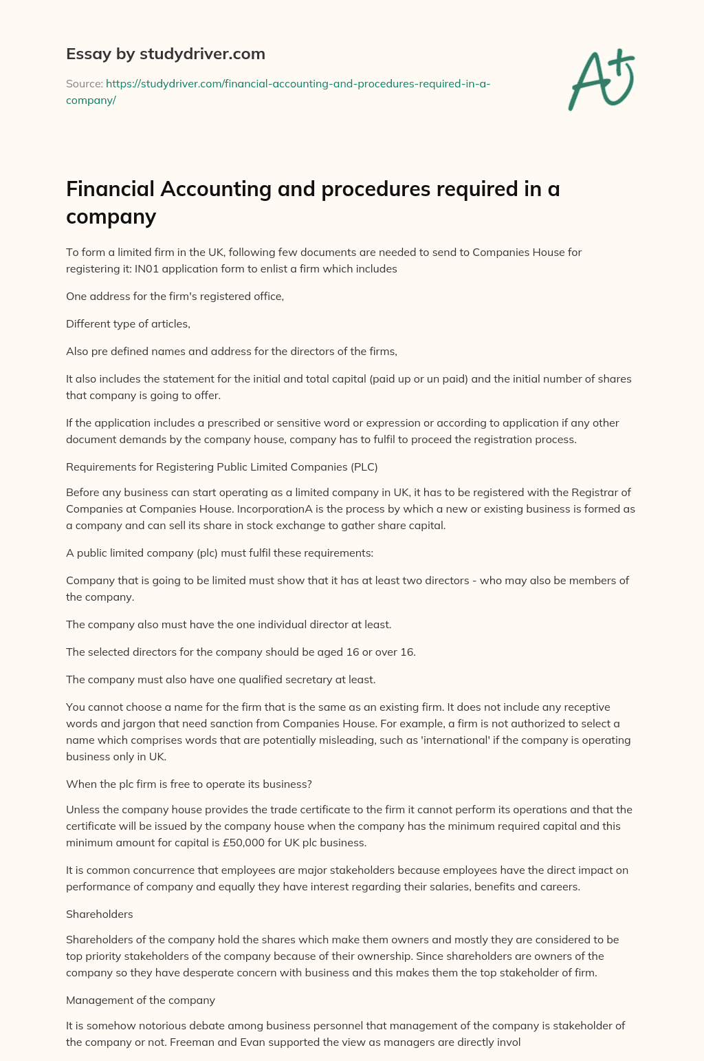 Financial Accounting and Procedures Required in a Company essay
