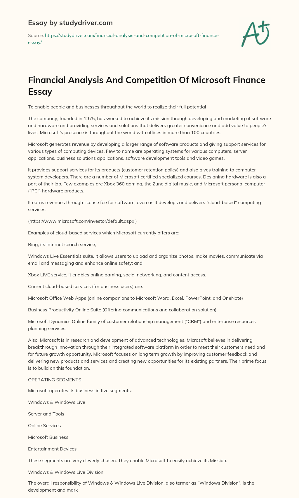 Financial Analysis and Competition of Microsoft Finance Essay essay