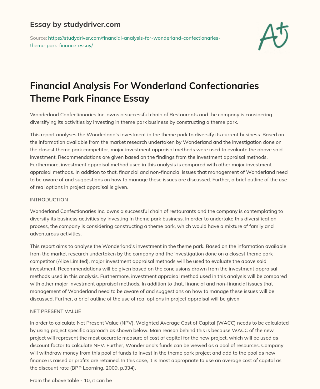 Financial Analysis for Wonderland Confectionaries Theme Park Finance Essay essay