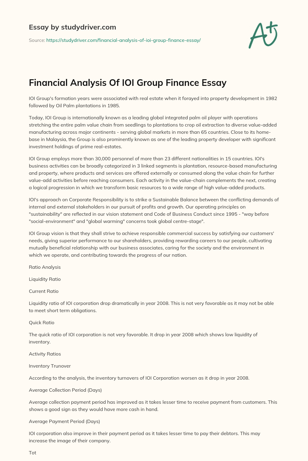 Financial Analysis of IOI Group Finance Essay essay