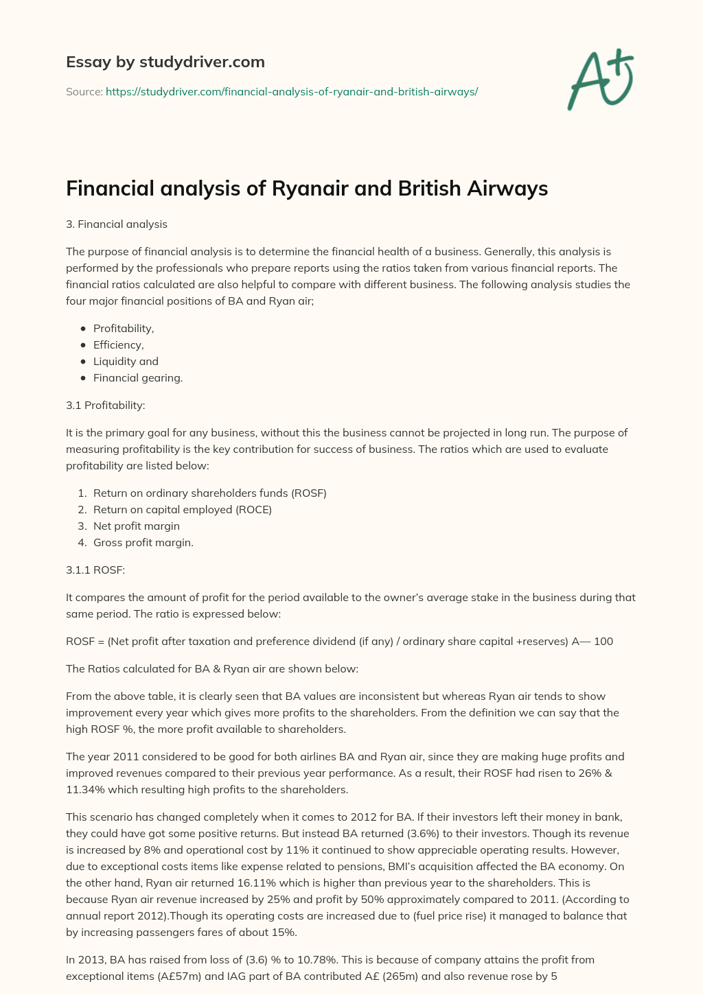 Financial Analysis of Ryanair and British Airways essay