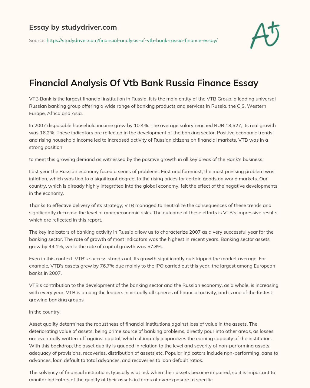 Financial Analysis of Vtb Bank Russia Finance Essay essay