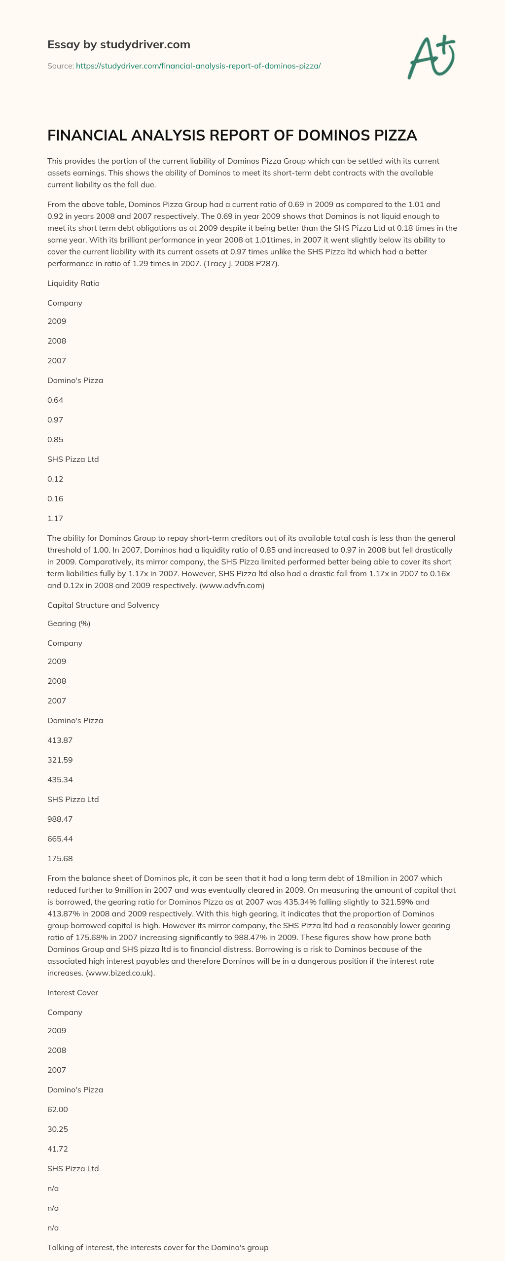 FINANCIAL ANALYSIS REPORT of DOMINOS PIZZA essay